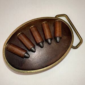 Vintage 1970’s BTS Leather and Brass .22 Caliber Cartridge Slide Belt Buckle